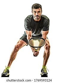 One Caucasian Mature Tennis Player Man In Studio Isolated On White Background