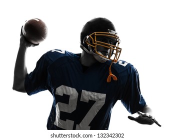 One Caucasian Quarterback American Throwing Football Player Man In Silhouette Studio Isolated On White Background