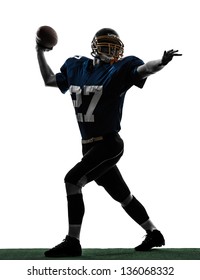 One Caucasian Quarterback American Throwing Football Player Man In Silhouette Studio Isolated On White Background