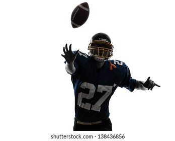 One Caucasian Quarterback American Throwing Football Player Man In Silhouette Studio Isolated On White Background