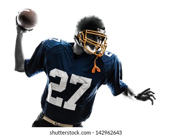 One Caucasian Quarterback American Throwing Football Player Man In Silhouette Studio Isolated On White Background