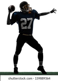 One Caucasian Quarterback American Throwing Football Player Man In Silhouette Studio Isolated On White Background