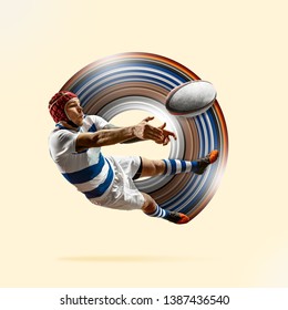 One caucasian rugby male player isolated on yellow background. Studio shot of fit man in motion or movement with ball. Jump and action concept. An incredible strain of all forces. Abstract design. - Powered by Shutterstock