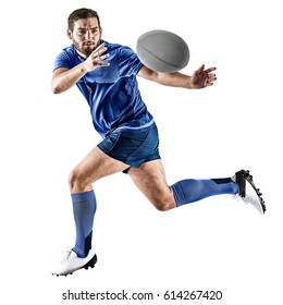 One Caucasian Rugby Player Man Studio Isolated On White Background