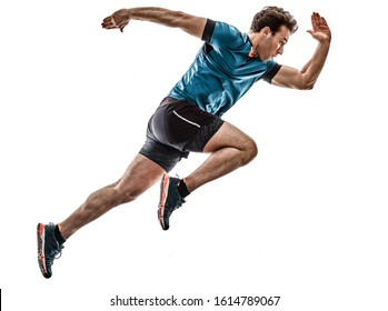 one caucasian runner running jogger jogger young man in studio isolated on white background