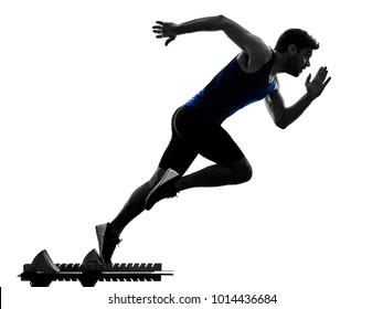 One Caucasian Runner Sprinter Running Sprinting Athletics Man Silhouette Isolated On White Background