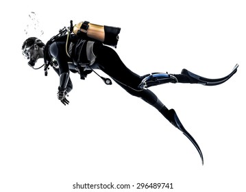one caucasian scuba diver diving man  in studio  silhouette isolated on white background