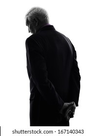 One Caucasian Senior Business Man Sad Rear View Silhouette White Background