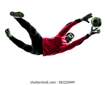 one caucasian soccer player goalkeeper man catching ball in silhouette isolated white background - Powered by Shutterstock