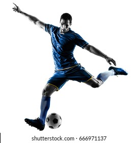 one caucasian soccer player man playing kicking in silhouette isolated on white background - Powered by Shutterstock