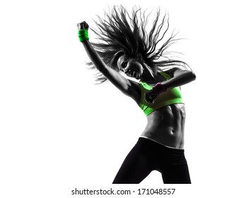 one caucasian woman exercising fitness dancing in silhouette on white background