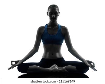one caucasian woman exercising yoga meditating in silhouette studio isolated on white background