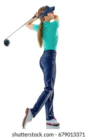 One Caucasian Woman Woman Golfer Golfing In Studio Isolated On White Background