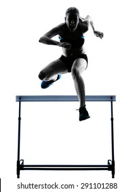 One  Caucasian Woman Hurdlers  Hurdling In Silhouette Isolated White Background