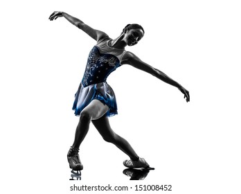one caucasian woman  ice skater skating  in silhouette  on white background