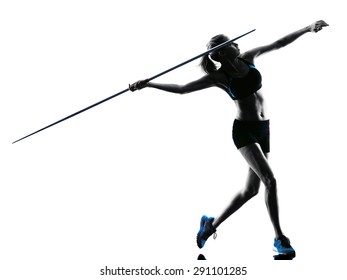 one  caucasian woman Javelin thrower in silhouette isolated white background - Powered by Shutterstock