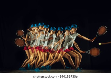 One caucasian woman playing tennis isolated on black background in mixed and stobe light. Fit young female player in motion or action during sport game. Concept of movement, sport, healthy lifestyle.