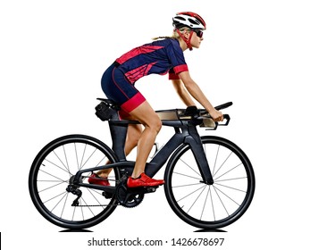 One Caucasian Woman Practicing Triathlon Triathlete Ironman Studio Shot Isolated On White Background