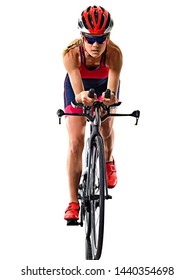 One Caucasian Woman Practicing Triathlon Triathlete Ironman Studio Shot Isolated On White Background