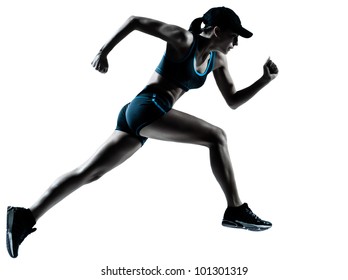 one caucasian woman runner jogger running in silhouette studio isolated on white background