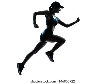 One Caucasian Woman Runner Jogger In Silhouette Studio Isolated On White Background