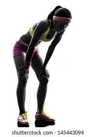 one caucasian woman runner running tired breathless  in silhouette on white background