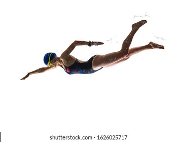 one caucasian woman sport swimmer swimming silhouette isolated on white background