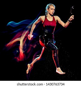 One Caucasian Woman Triathlon Triathlete Studio Shot Isolated On Black Background With Light Painting Effect