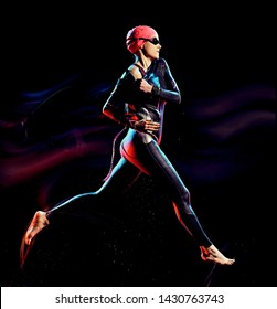 One Caucasian Woman Triathlon Triathlete Studio Shot Isolated On Black Background With Light Painting Effect