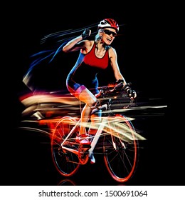 One Caucasian Woman Triathlon Triathlete Cyclist Cycling Studio Shot Isolated On Black Background With Light Painting Effect