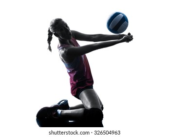 one caucasian woman volleyball in studio silhouette isolated on white background