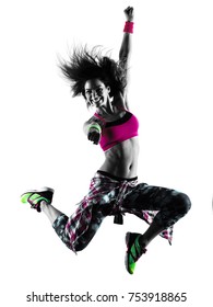 one caucasian woman zumba fitness exercises dancer dancing isolated in silhouette on white background
