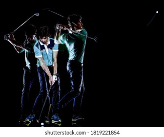 one caucasian young golfer man golfing golf swing isolated on black background with multiple exposure