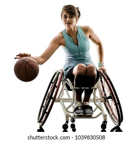 One Caucasian Young Handicapped Basket Ball Player Woman In Wheelchair Sport  Tudio In Silhouette Isolated On White Background