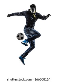 one caucasian young man soccer freestyler player in silhouette on white background