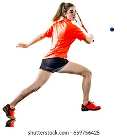 one caucasian young teenager girl woman playing Squash player isolated on white background