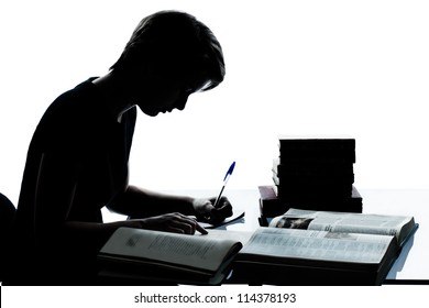 One Caucasian Young Teenager Silhouette Boy Or Girl Studying Reading Books In Studio Cut Out Isolated On White Background