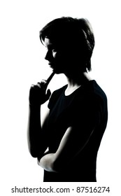 one caucasian young teenager silhouette boy or girl thinking portrait in studio cut out isolated on white background