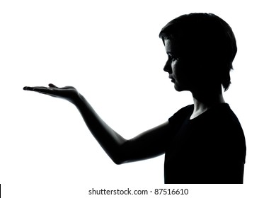 one caucasian young teenager silhouette boy or girl empty hands open portrait in studio cut out isolated on white background