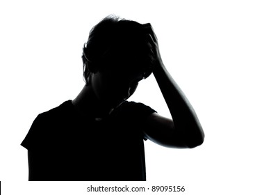 one caucasian young teenager thinking problems  silhouette boy or girl portrait in studio cut out isolated on white background