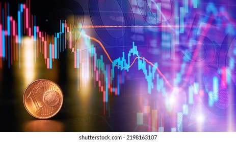 One Cent Euro Coin On The Background Of Stacks Of Coins With Candlestick Charts As A Concept Of Stock Trading Or Stock Background