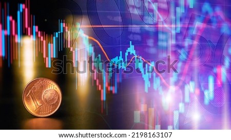 One cent euro coin on the background of stacks of coins with Candlestick charts as a concept of Stock trading or Stock background