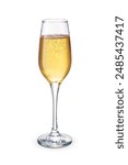 One champagne flute glass with sparkling wine isolated on white background.