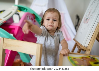 One Child Small Caucasian Girl Toddler Standing At Home N Room Crying Looking To The Camera Frustrated Childhood Unpleasant Growing Up Concept Copy Space