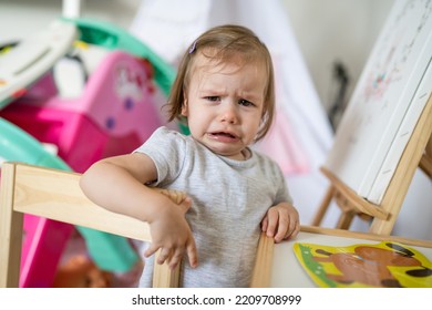 One Child Small Caucasian Girl Toddler Standing At Home N Room Crying Looking To The Camera Frustrated Childhood Unpleasant Growing Up Concept Copy Space