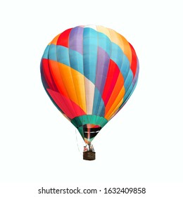 One Colorful Balloon Front View  Isolated On A White Background. A Hot Air Balloon In Flight With People Inside.