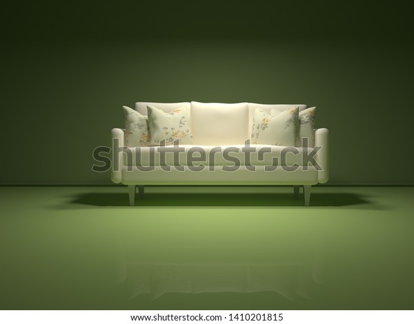 One Contemporary White Sofa Flowery Cushions Interiors Stock Image