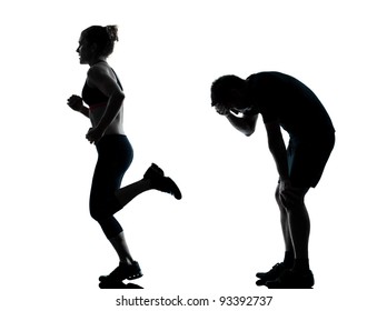 one couple man woman exercising workout aerobic fitness posture full length silouhette on studio isolated on white background