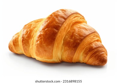 One croissant closeup, isolated on white background.