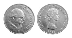 One Crown 1965 Winston Churchill Silver Coin. Front And Back Isolated On White Background. 5-shilling Coin Released In 1965 On The Death Of Sir Winston Churchill. Known As The Churchill Crown.